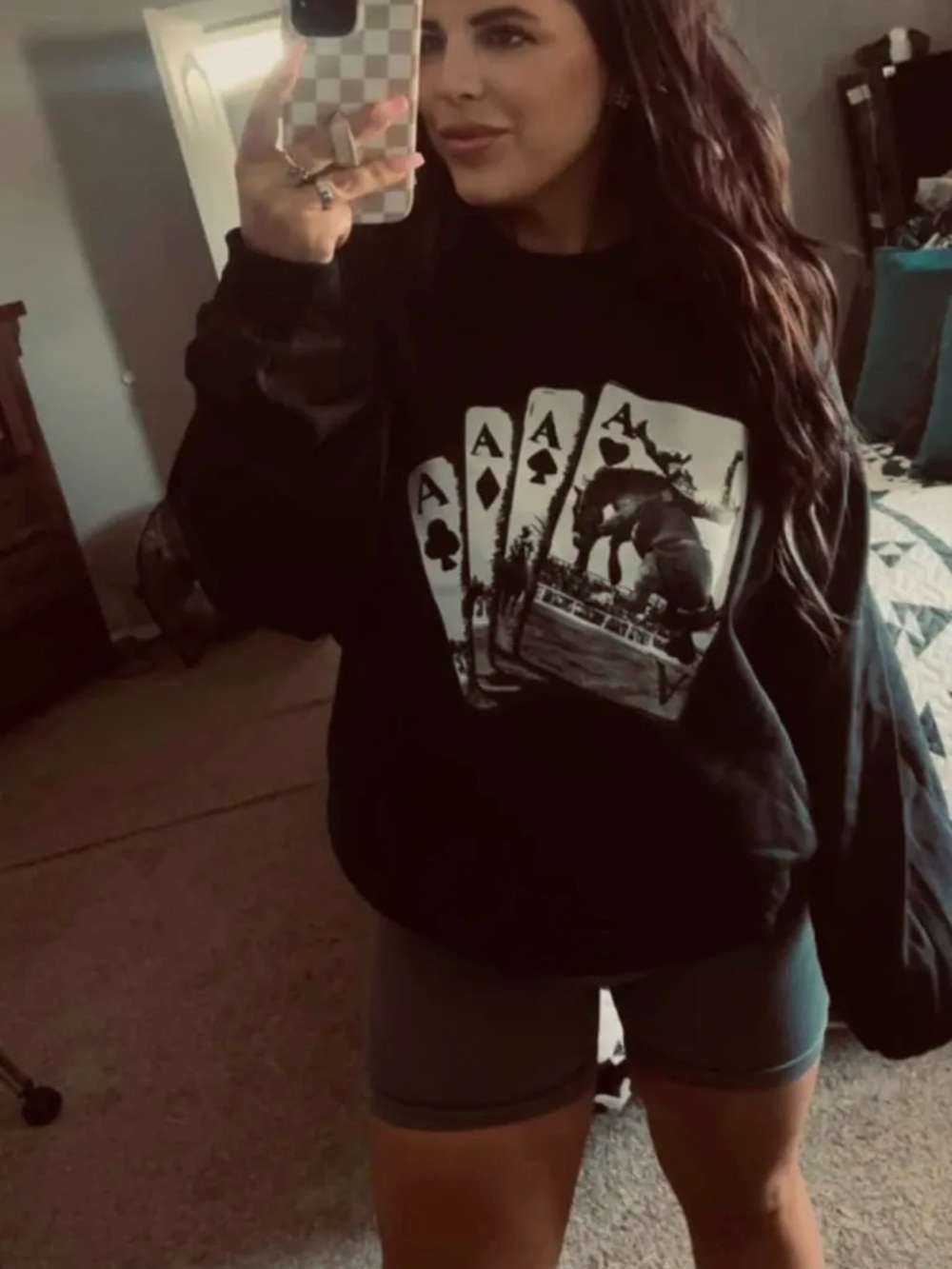 Black Graphic Crewneck Sweater with Ace Card Print
